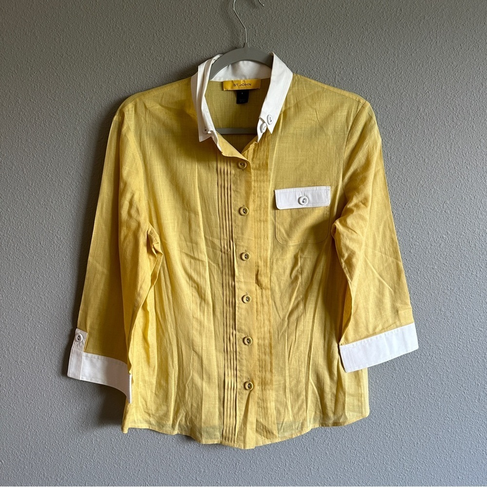 St. John Yellow Cotton Crop Sleeve Button Down Top 8